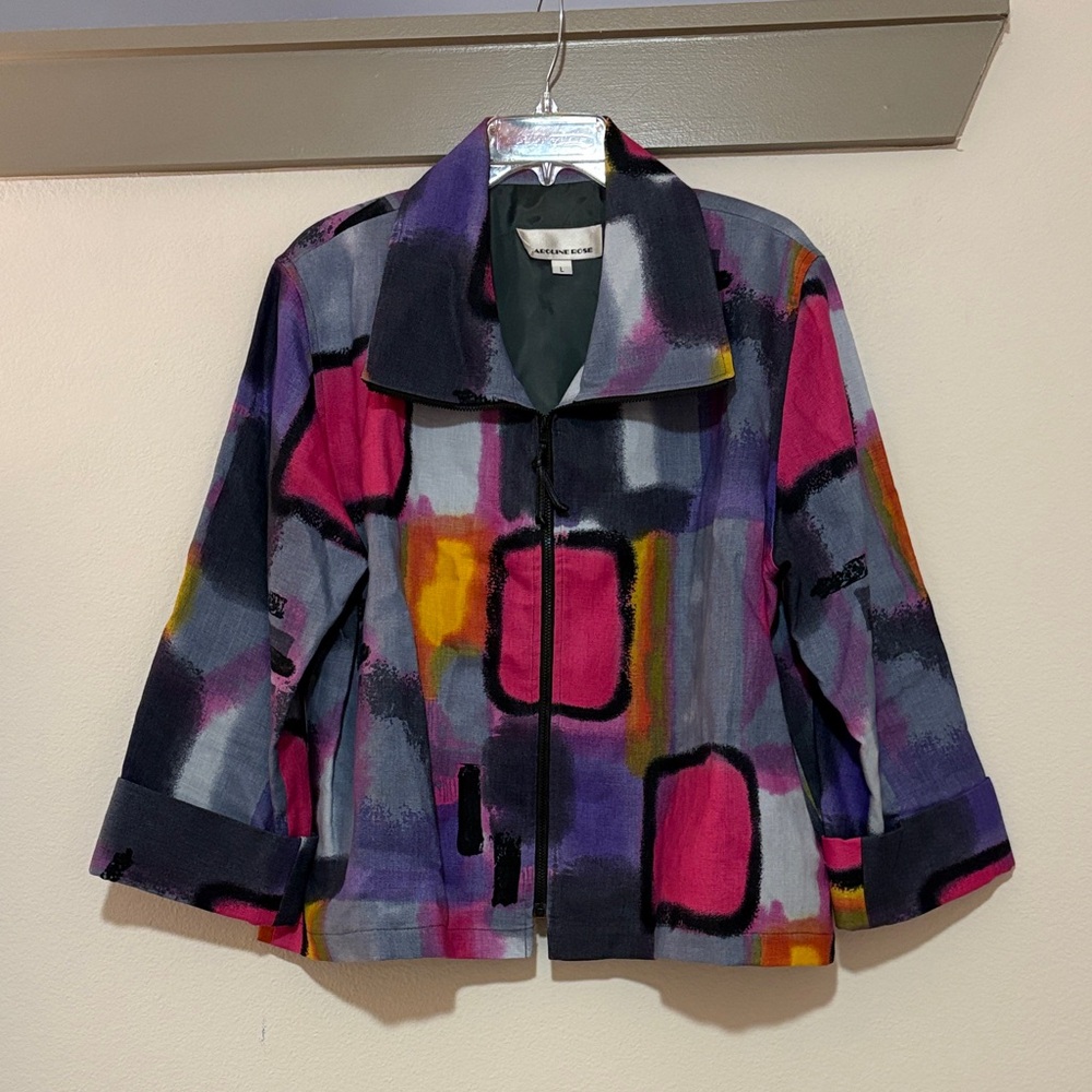 Caroline Rose 100% Linen Abstract Print Full Zip Jacket SZ L EUC